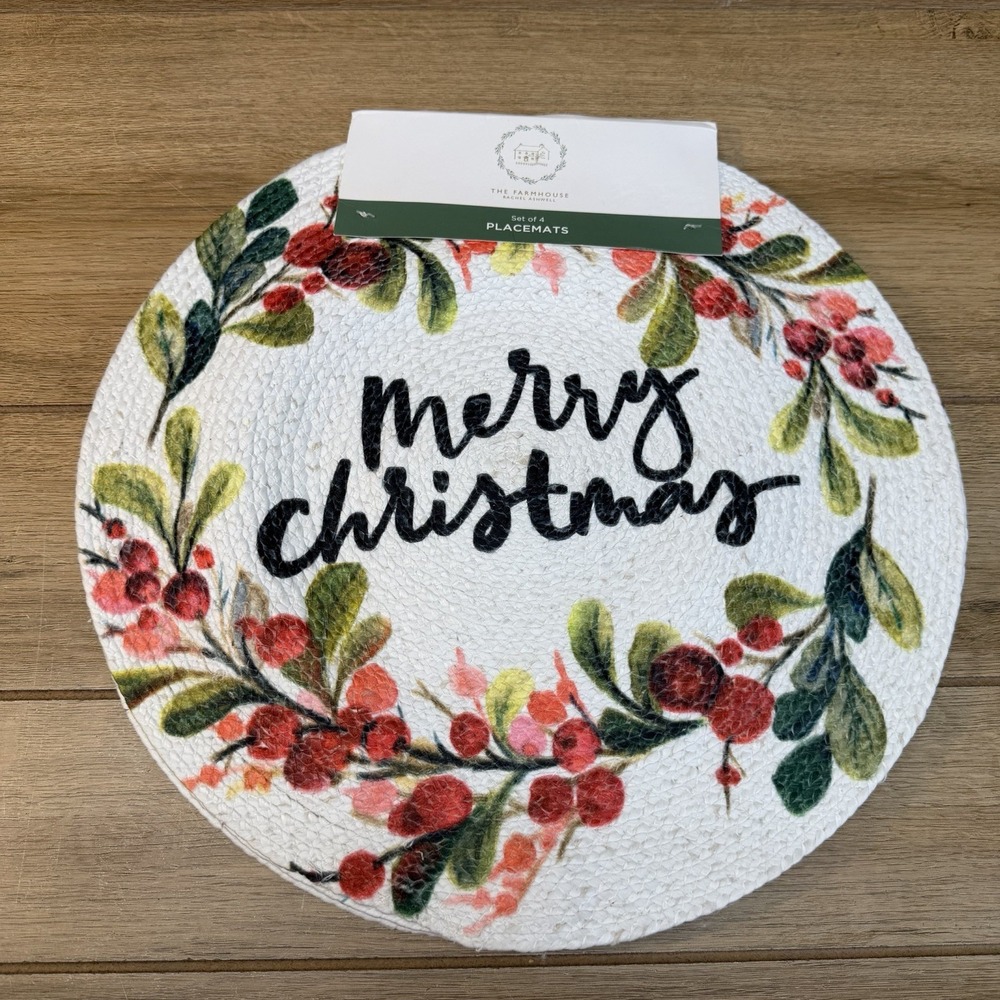 Rachel Ashwell Christmas Placemats Farmhouse Round Red Berries Merry Christmas